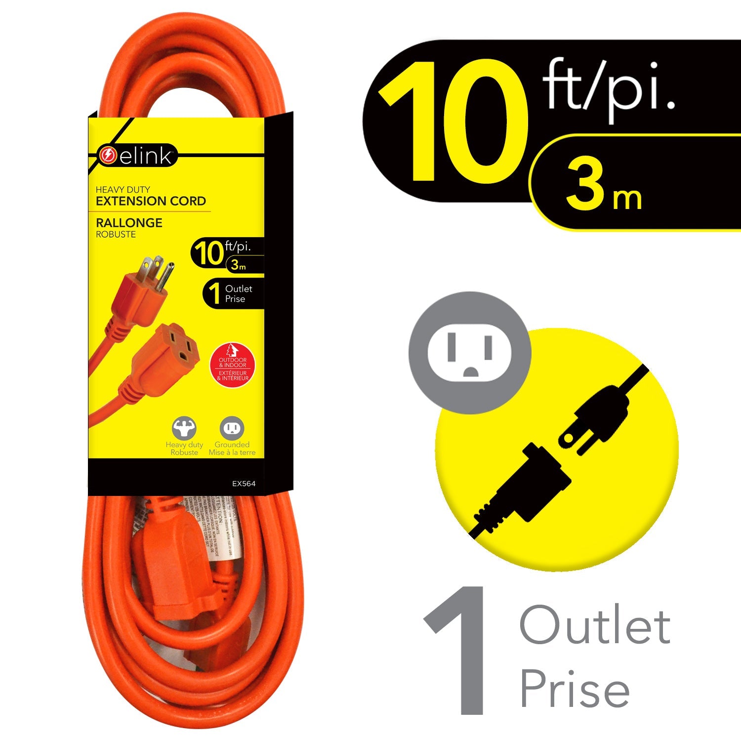 elink Orange Heavy Duty Extension Cord - Outdoor 10ft (3m)
