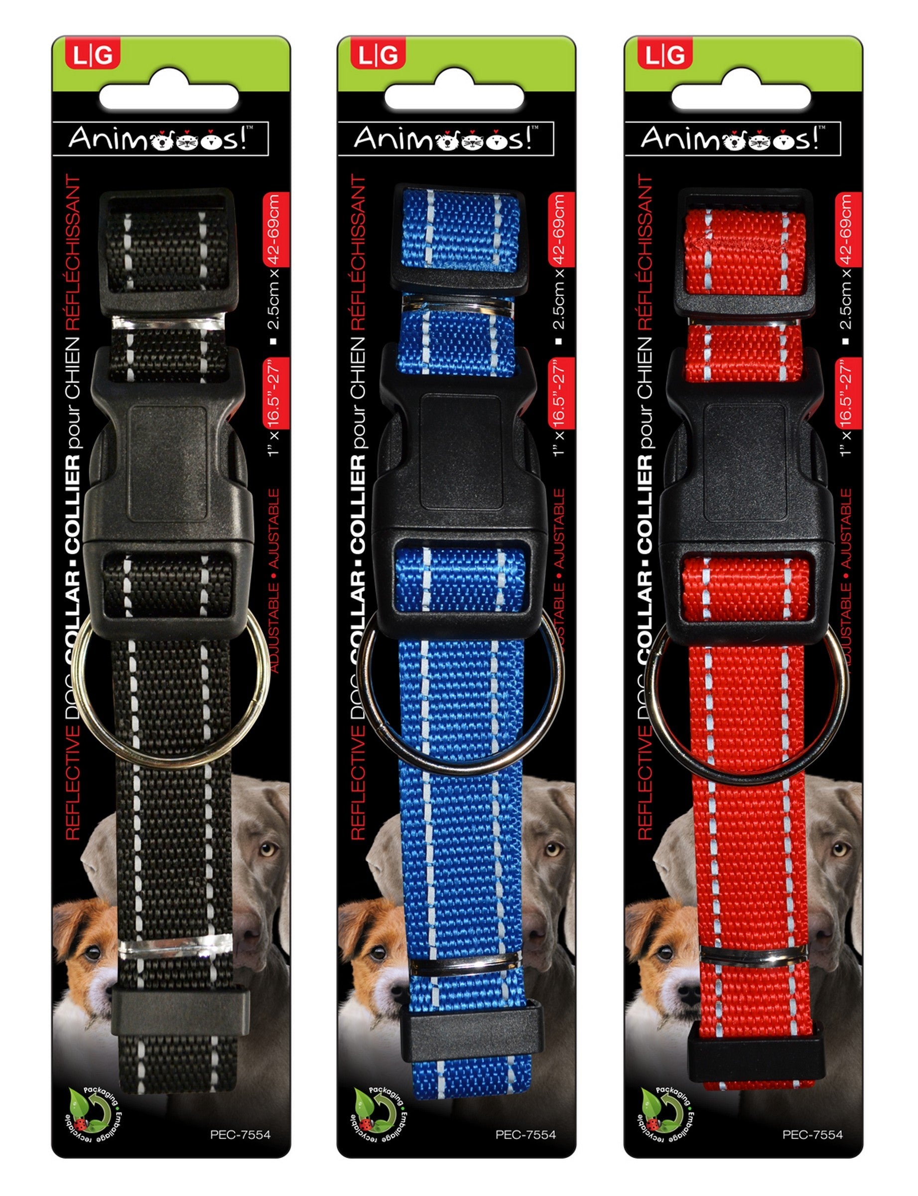 Animooos Adjustable Reflective Dog Collar Large 1x16.5 - 27in VRT 