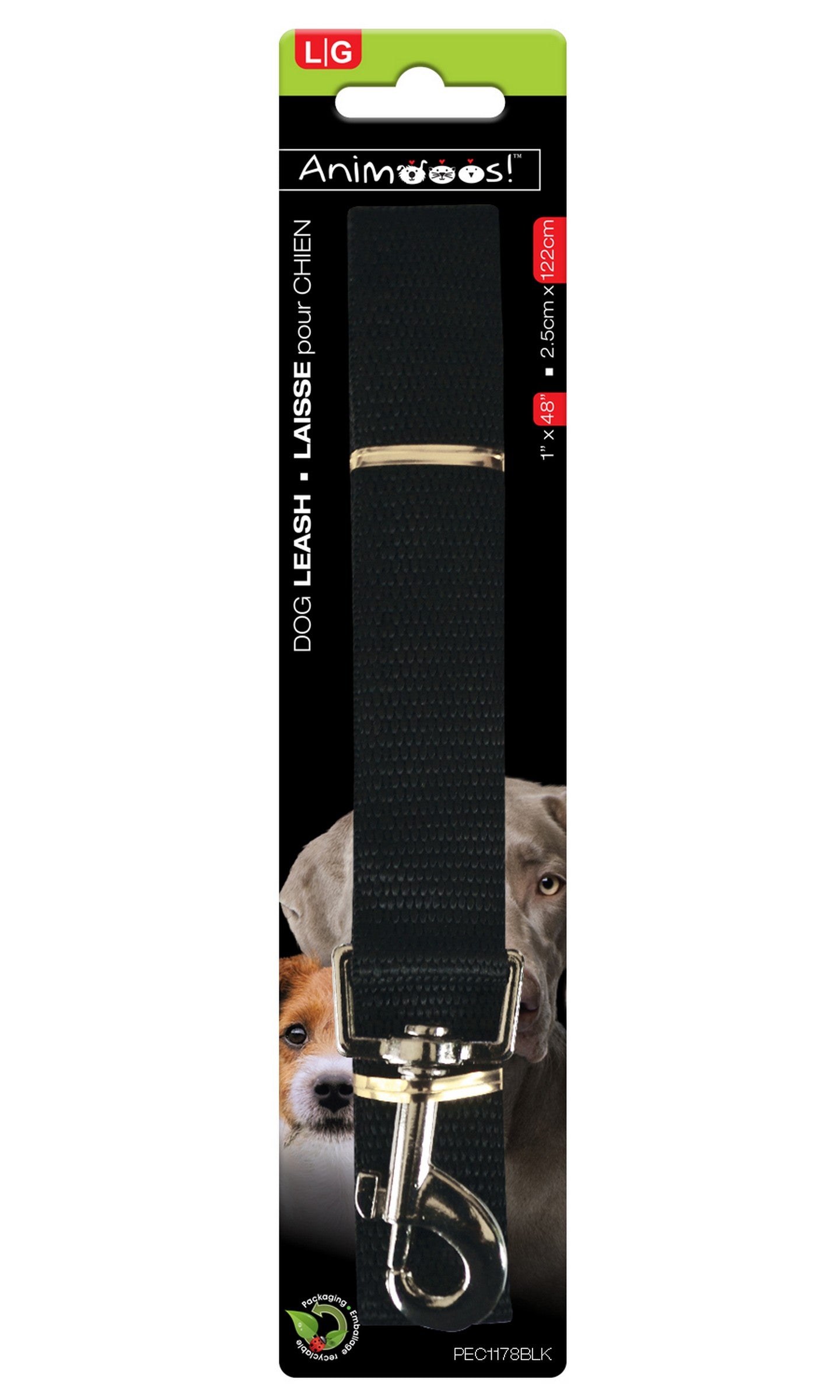 Animooos Black Dog Leash Large 1x48in 