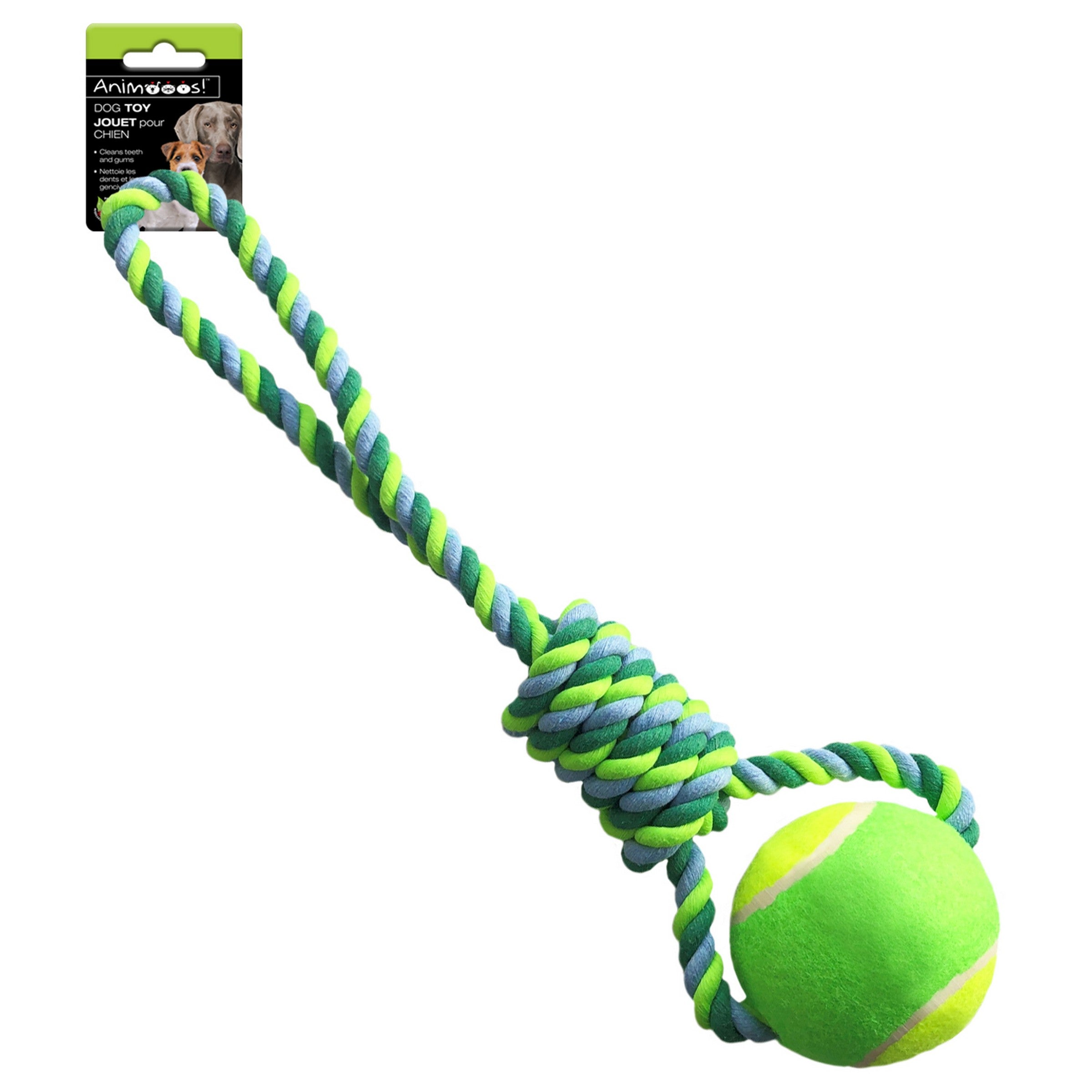 Animooos Dog Toy 4in Tennis Ball with Cord 18.5in long  