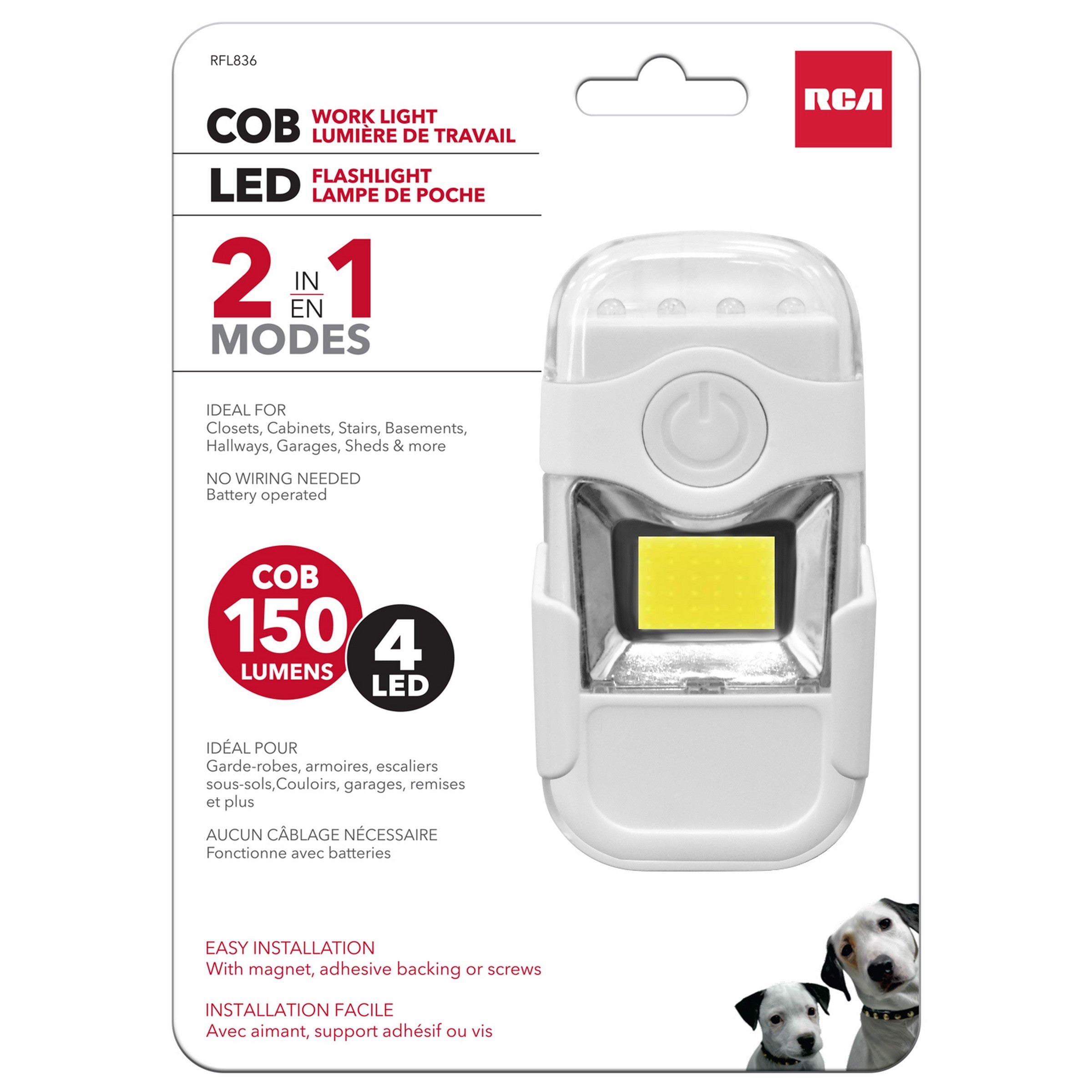 RCA 2 in 1 COB Work Light with Led Flaslight - 3AAA Batteries not Included 4.25x2.25x0.8in 
