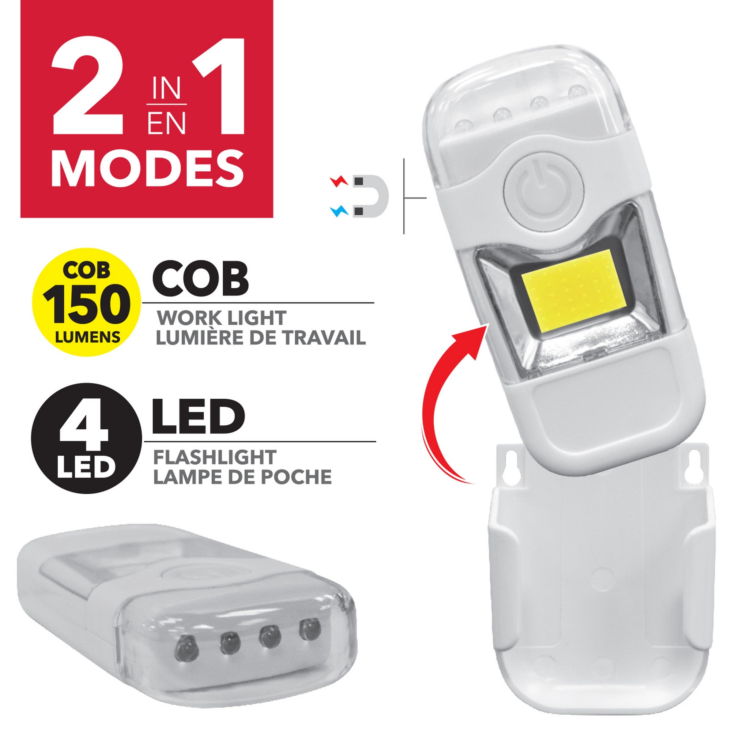 RCA 2 in 1 COB Work Light with Led Flaslight - 3AAA Batteries not Included 4.25x2.25x0.8in
