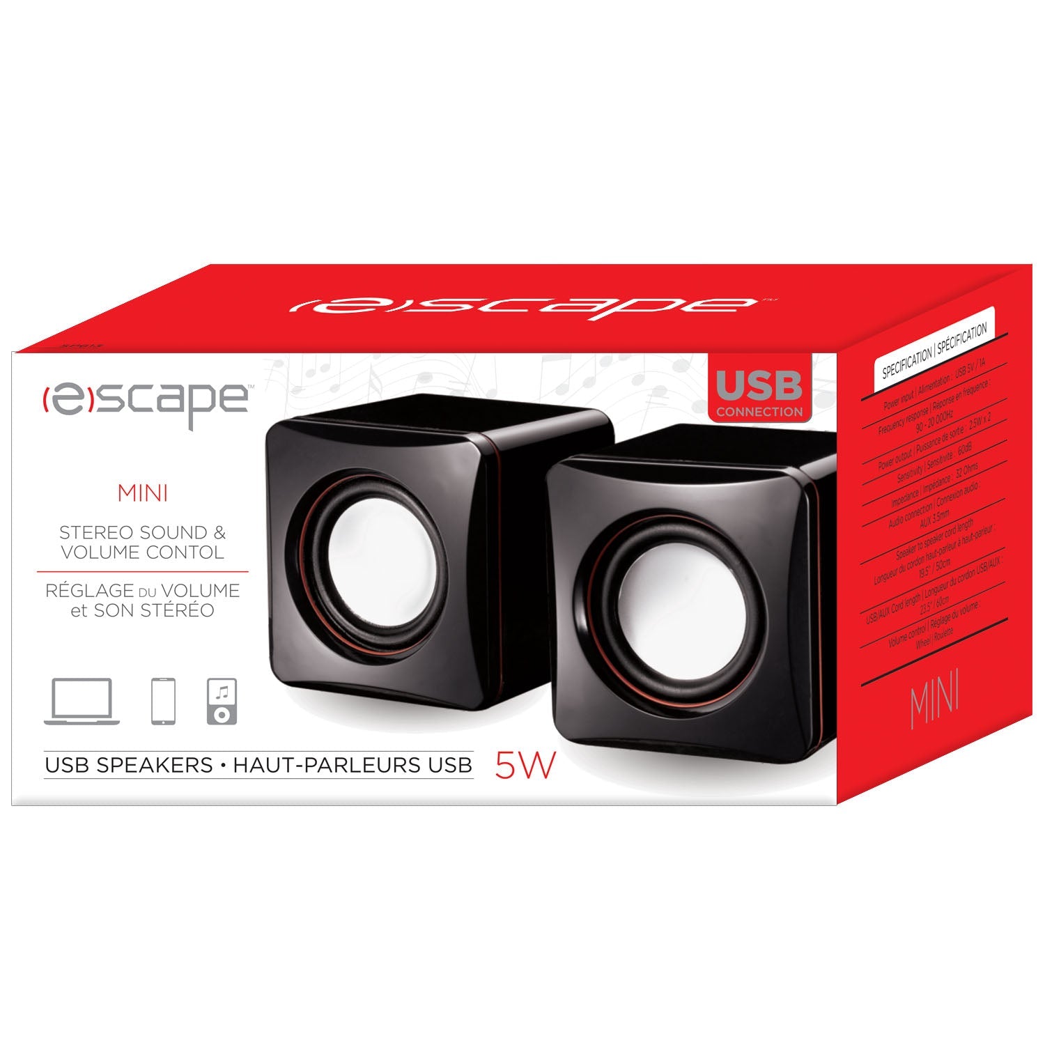 Escape 2 Mini Black Stereo USB Speakers 2.6x2.6x2.6in  23.5in Cable Lenght  Eco Fee $0.06SUS 