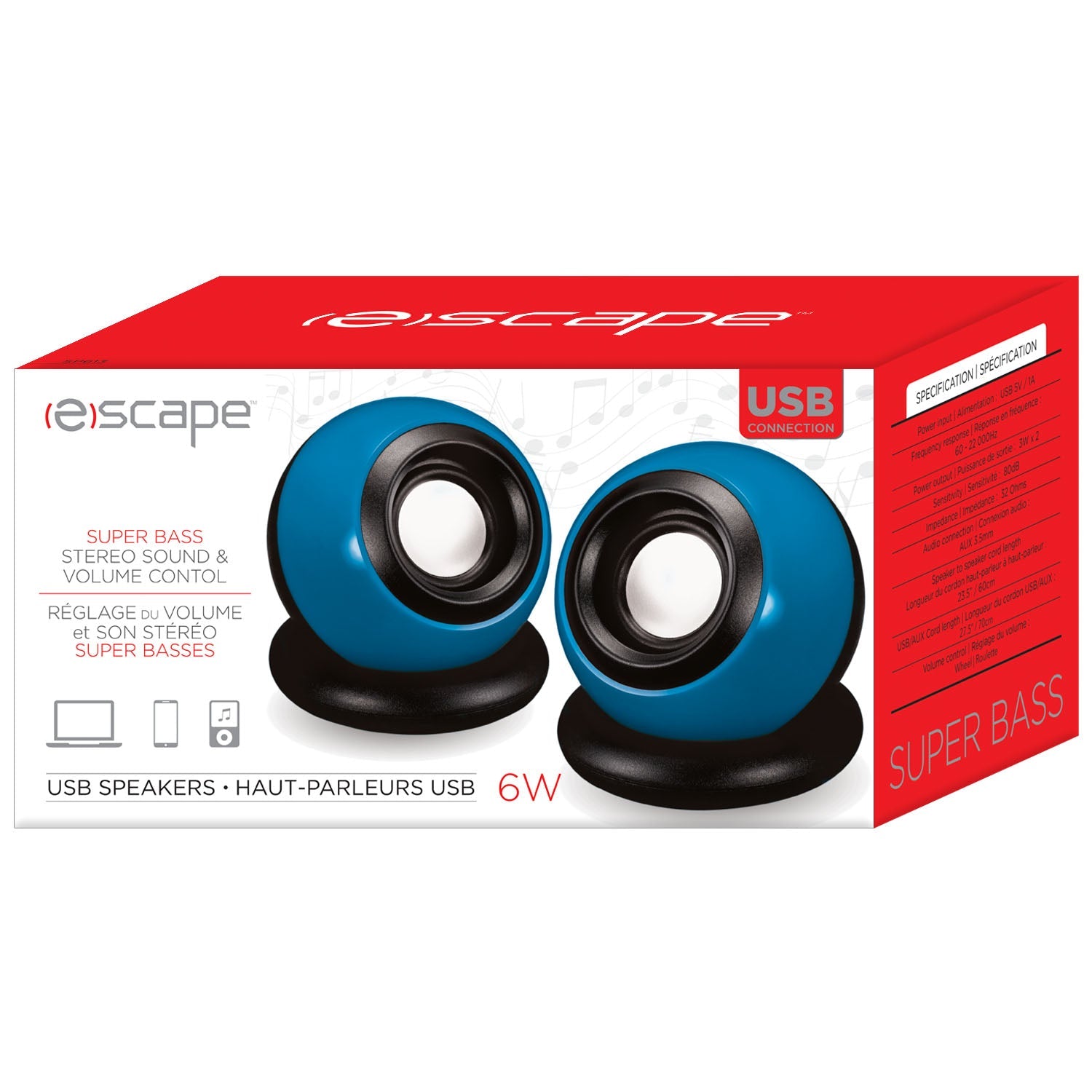 Escape 2 Blue Round Stereo USB Speakers 4x3.75in  Eco Fee $0.06SUS 