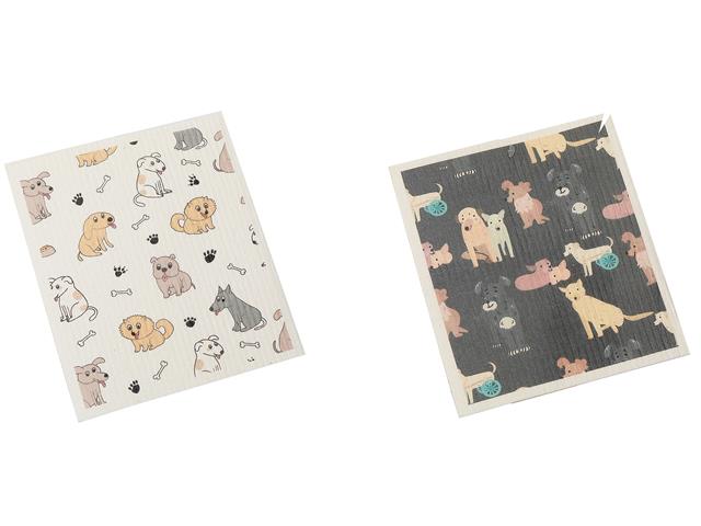 Embers 2 Swedish Printed One Side Tea Towels Dogs - Washable - Reusable 7.5x6.75in