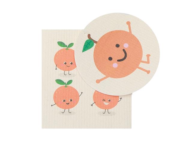 2 Swedish Printed Dishcloths Orange - Washable - Reusable Square 7.6x6.7in Circle 6in