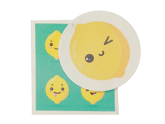 2 Swedish Printed Dishcloths Lemon - Washable - Reusable Square 7.6x6.7in Circle 6in