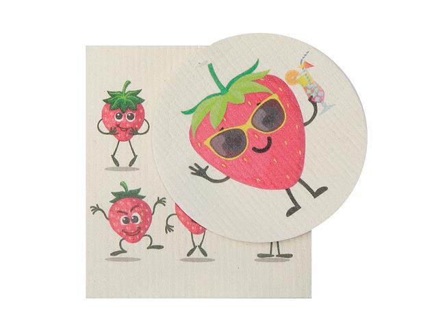 2 Swedish Printed Dishcloths Strawberry - Washable - Reusable Square 7.6x6.7in Circle 6in
