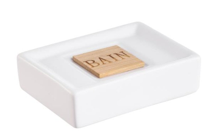 White Ceramic Soap Dish with Bamboo Cutout "Bain" 4.5x3.25x1.25in