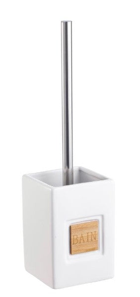 White Ceramic Toilet Brush with Bamboo Cutout "Bain" 4.5x3.25x1.25in