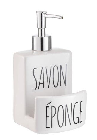 Ceramic Soap Pump with Sponge Rest with French Writing 7x3.5x4in