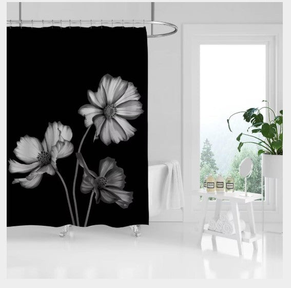 Peva Shower Curtain - Black with Flowers 71x71in