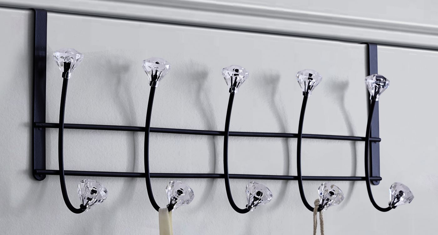 Over the Door Black Hook with 10 Diamond Heads 19x5x7.5in