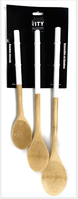 3 Bamboo Spoons with White Painted Handle 10in - 12in - 14in