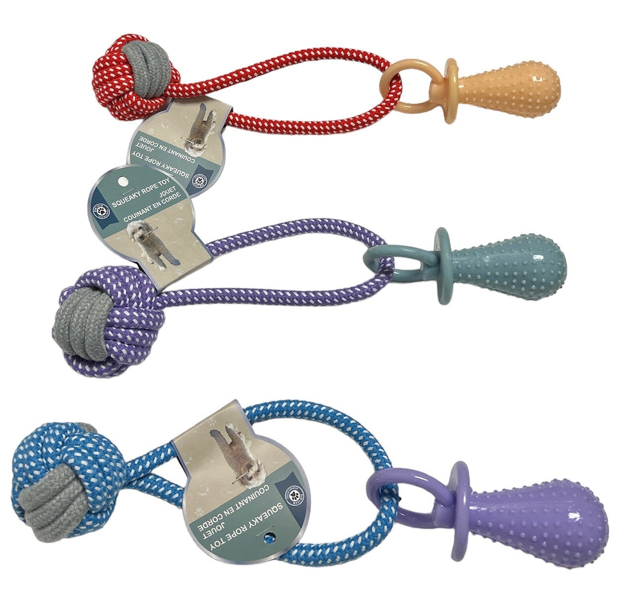 Paw Club Dog Squeaky Rubber Pacifier and Rope Toy VRT
