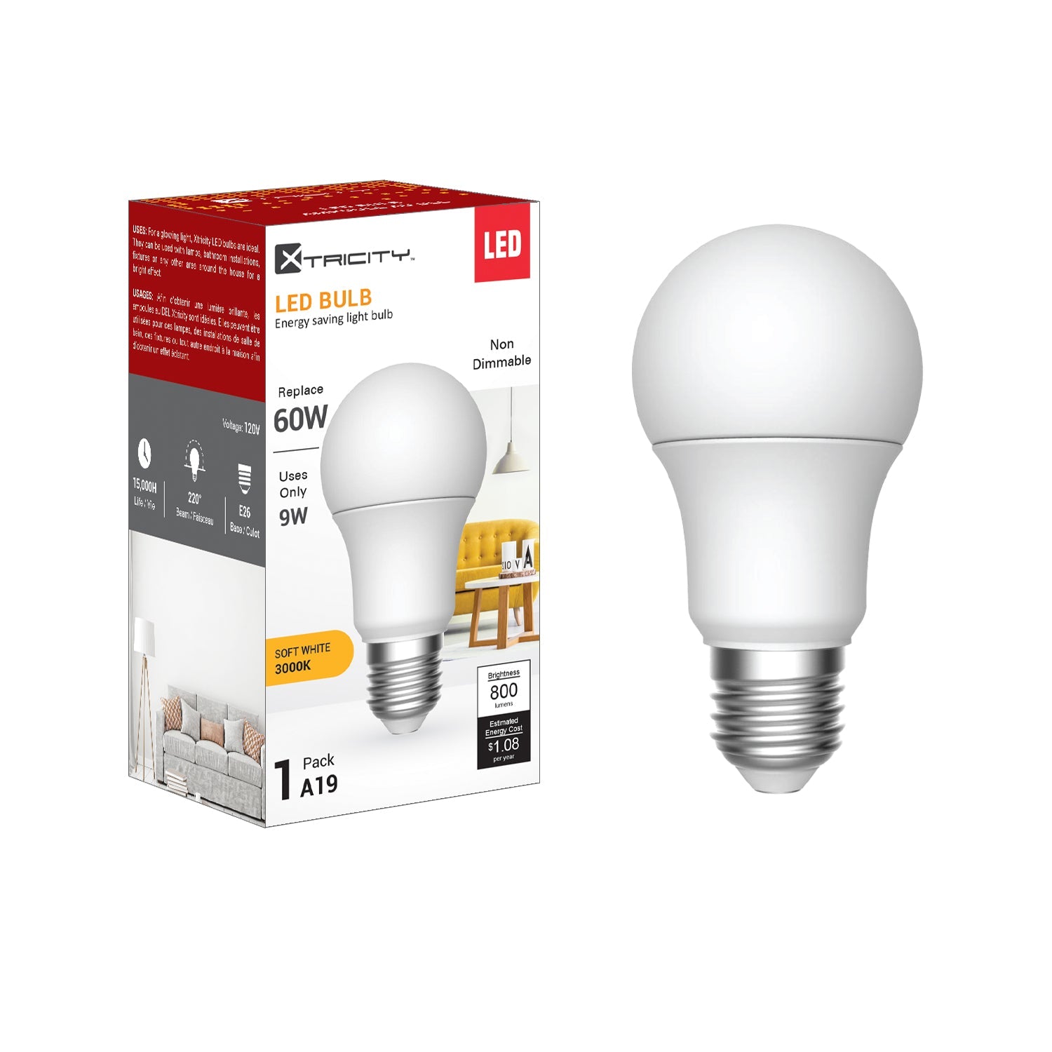 Xtricity A19 Led Soft White Non Dimmable 9W Light Bulb E26 Base