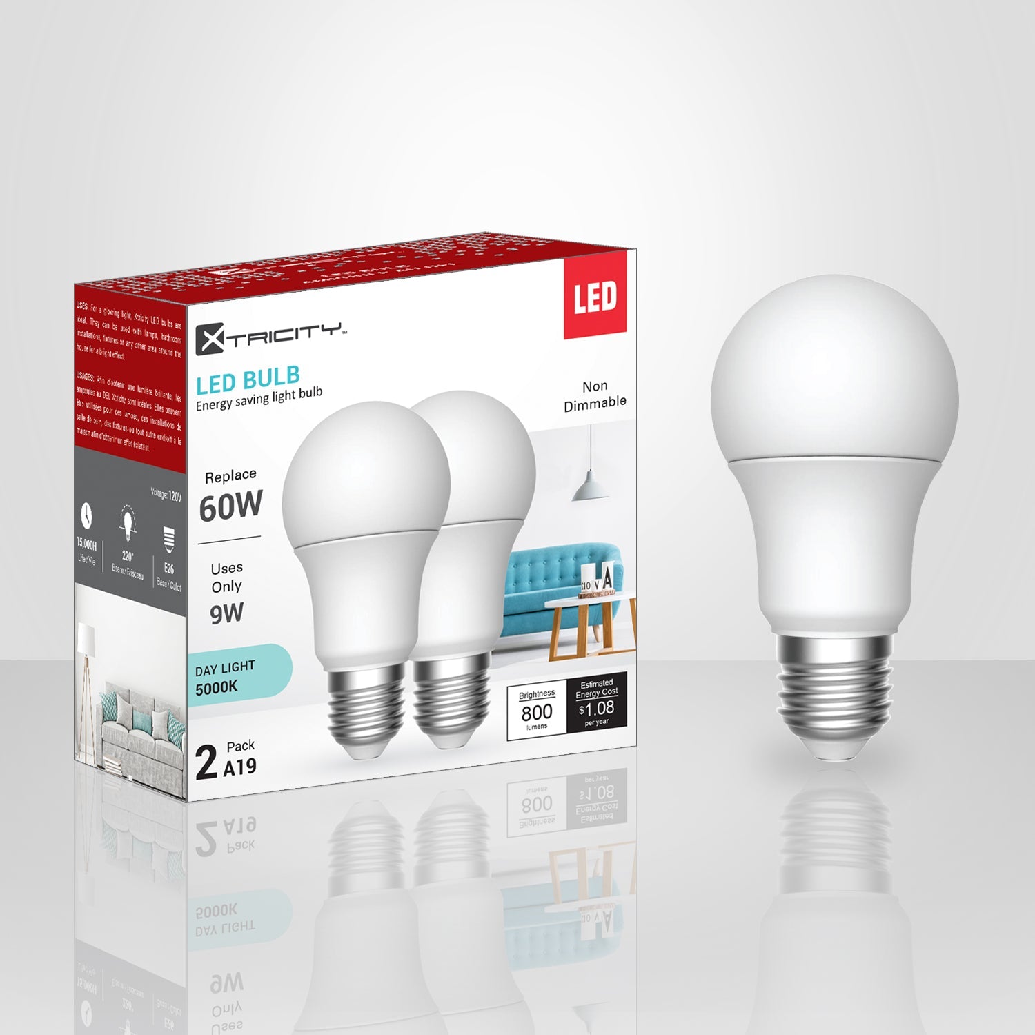 Xtricity 2 A19 Led Day Light Non Dimmable 9W Light Bulbs E26 Base 