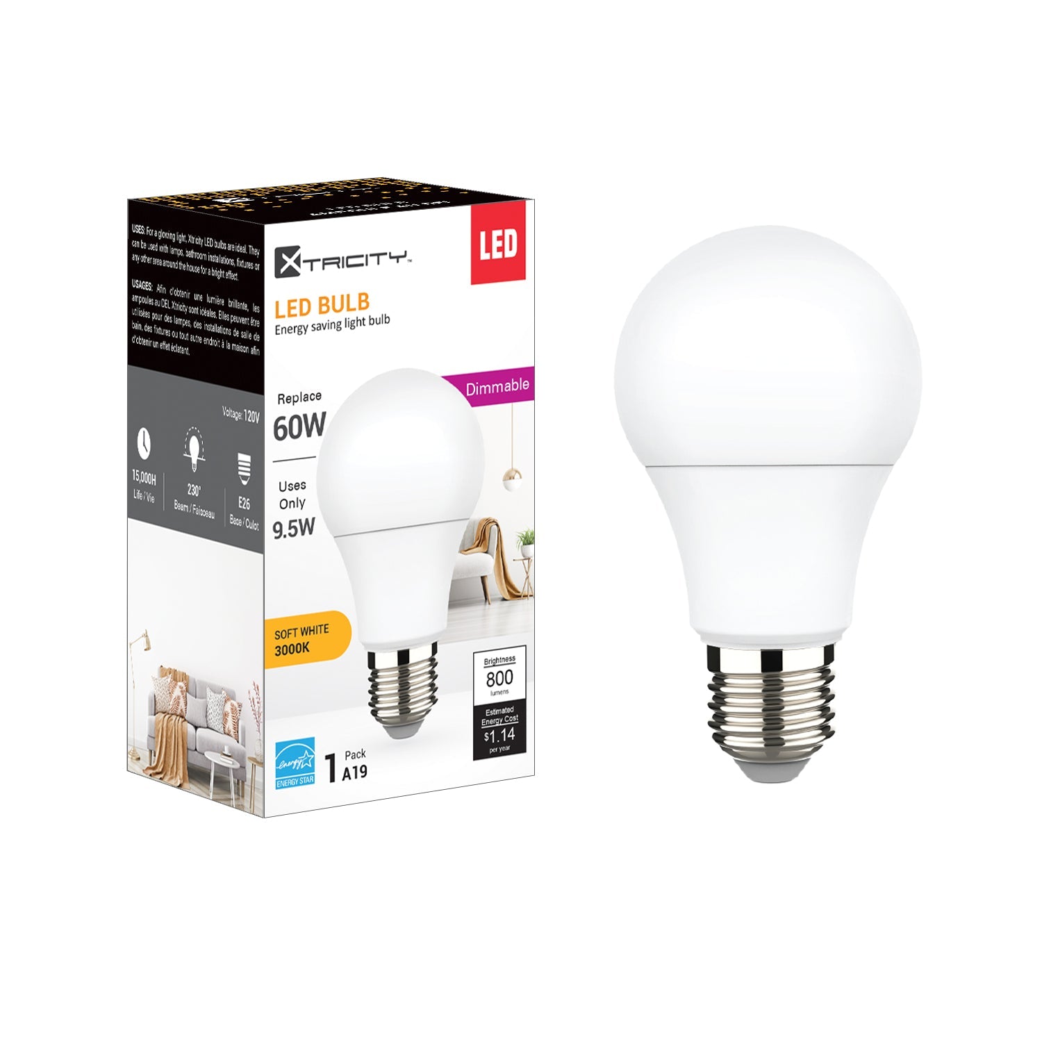 Xtricity A19 Led Soft White Dimmable 9.5W Light Bulb E26 Base 