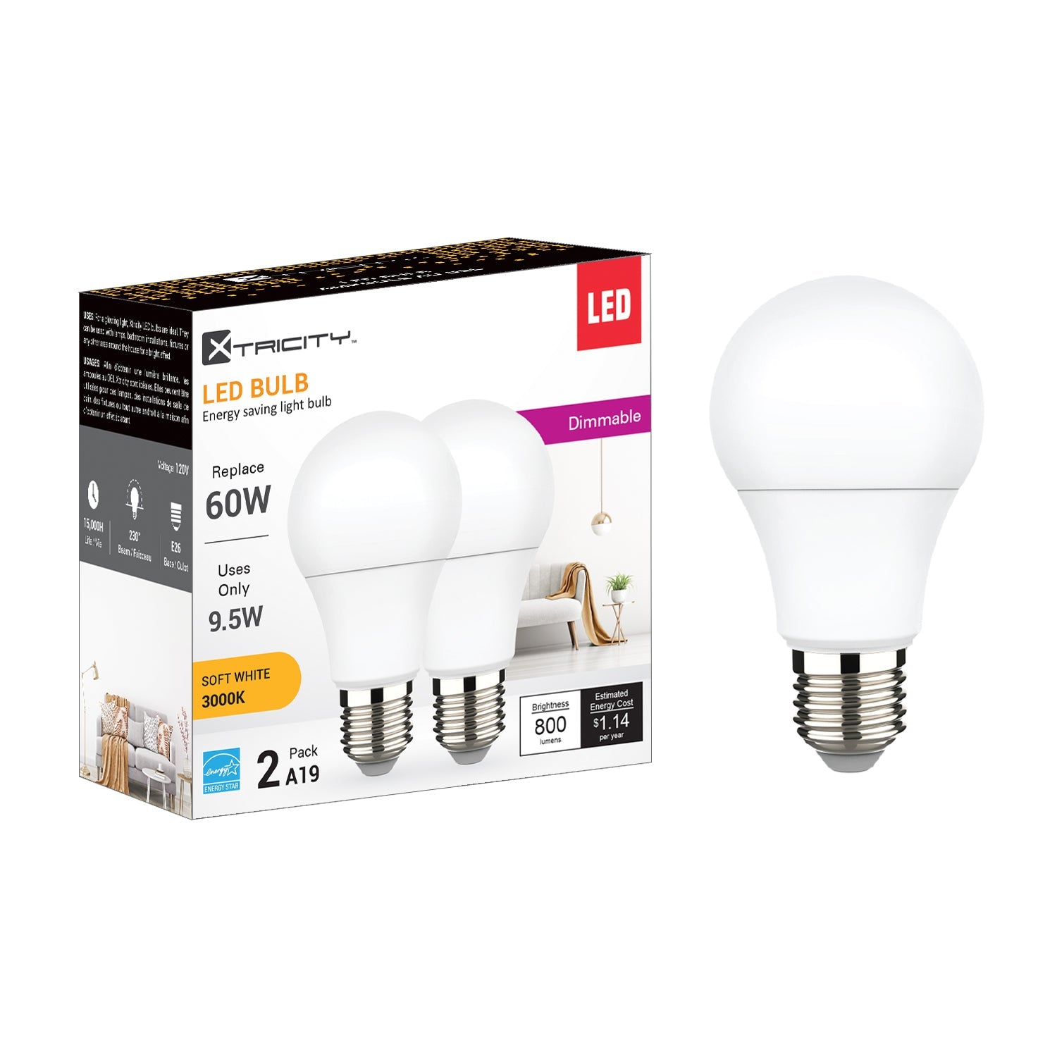 Xtricity 2 A19 Led Soft White Dimmable 9.5W Light Bulbs E26 Base 