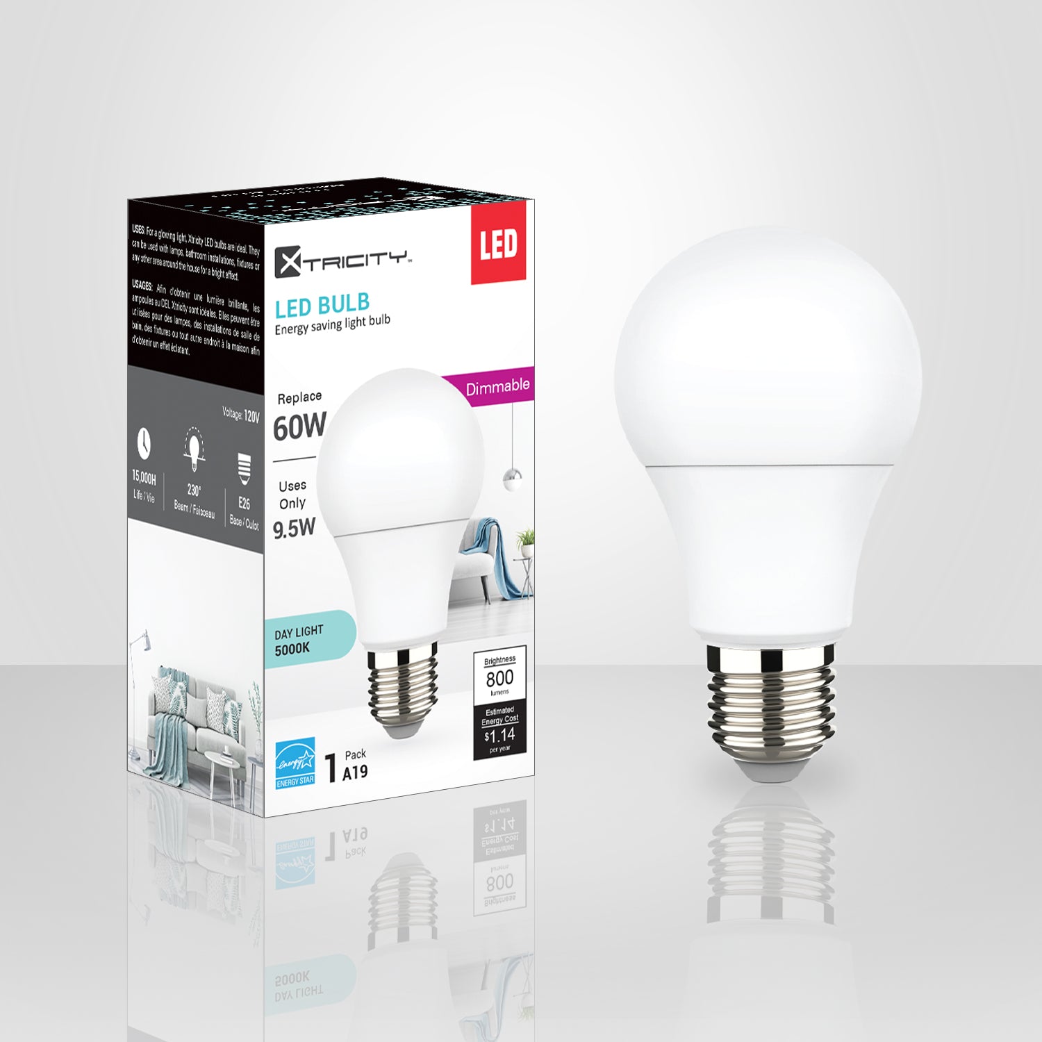 Xtricity A19 Led Day Light Dimmable 9.5W Light Bulb E26 Base 