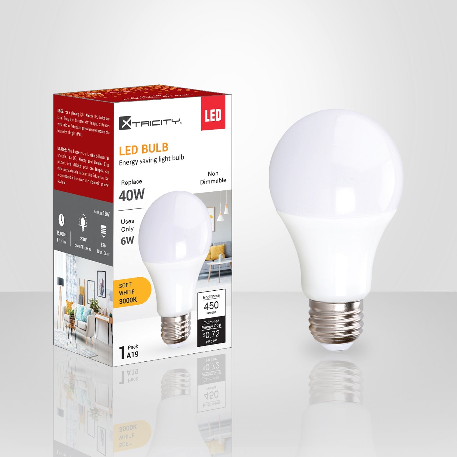 Xtricity A19 Led Soft White Non Dimmable 6W Light Bulb E26 Base 