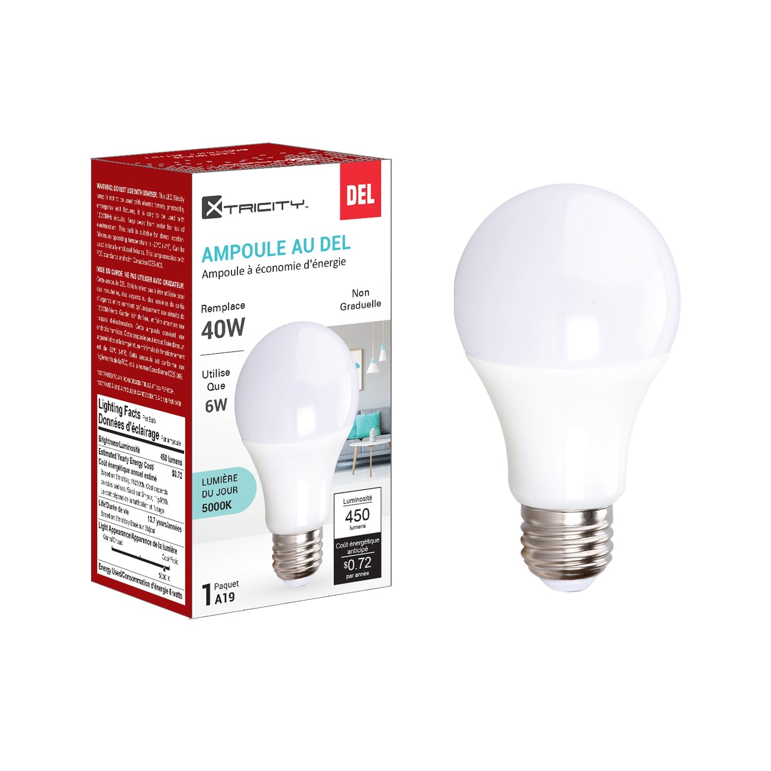 Xtricity A19 Led Day Light Non Dimmable 6W Light Bulb E26 Base 