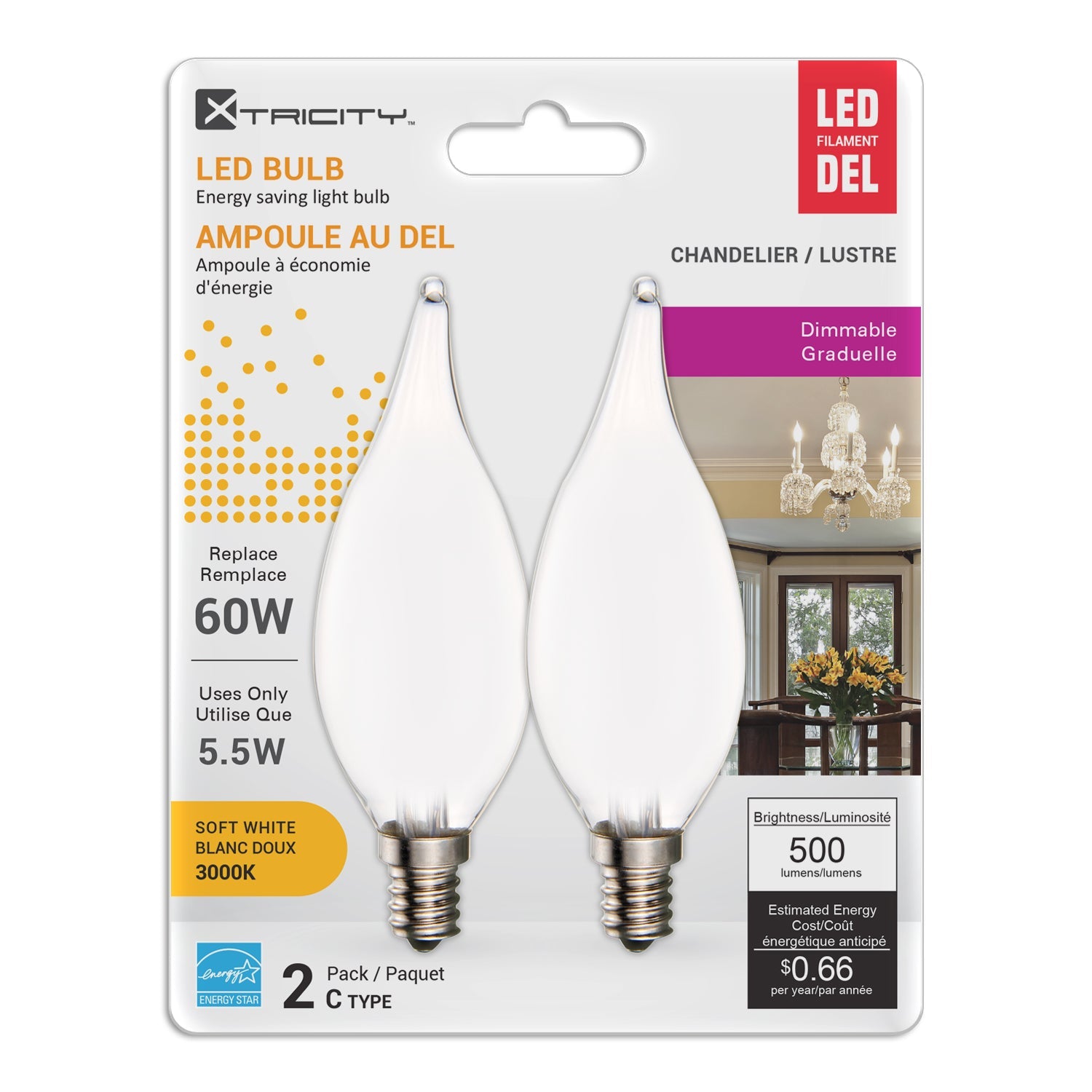 Xtricity 2 C Type Led Soft White Chandelier Dimmable 5.5W Light Bulbs E12 Base 