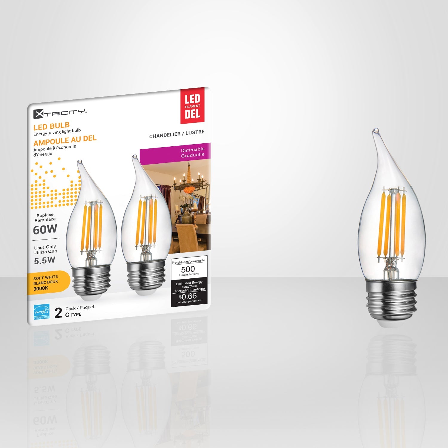 Xtricity 2 C Type Led Soft White Chandelier Dimmable Clear 5.5W Light Bulbs E26 Base 