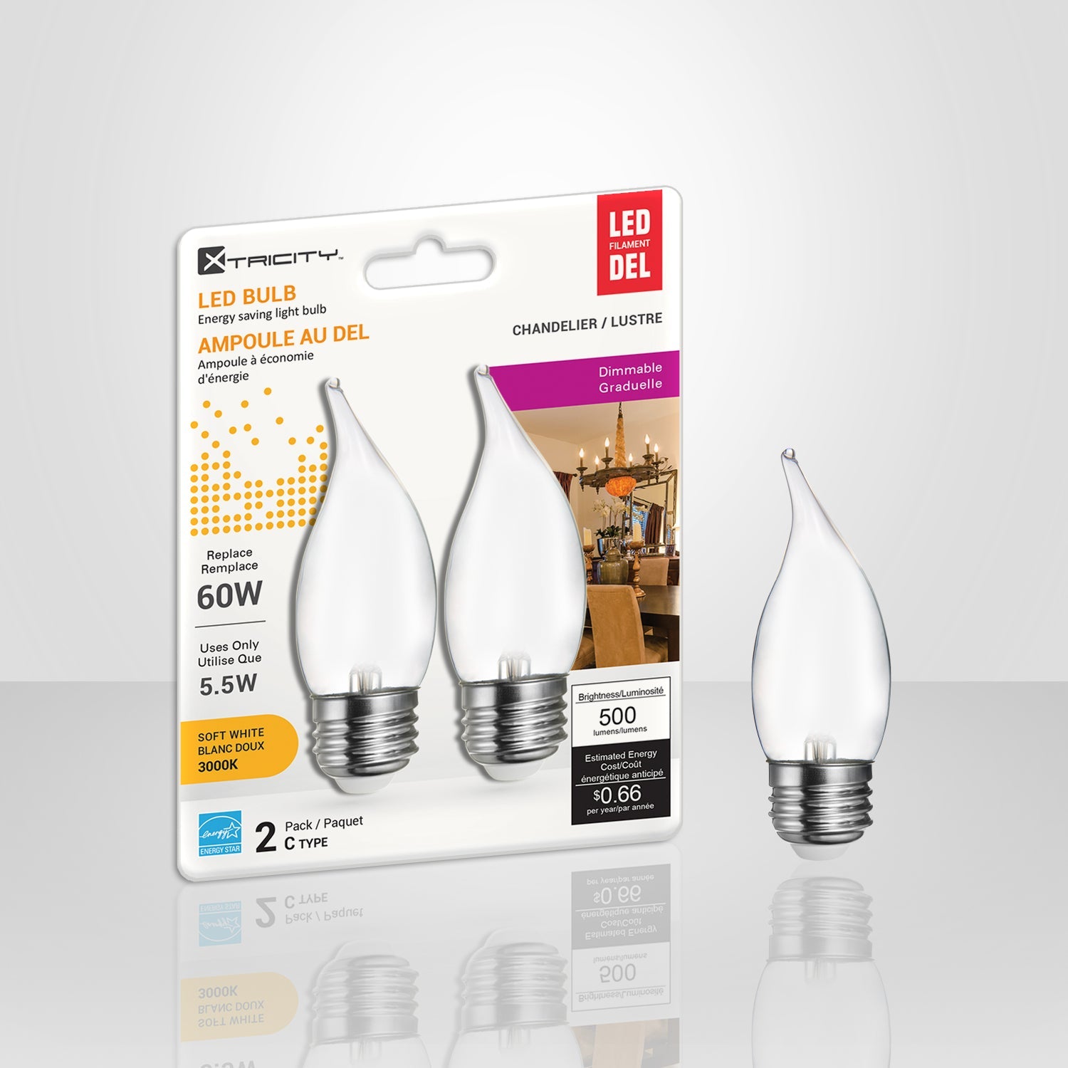 Xtricity 2 C Type Led Soft White Chandelier Dimmable 5.5W Light Bulbs E26 Base 