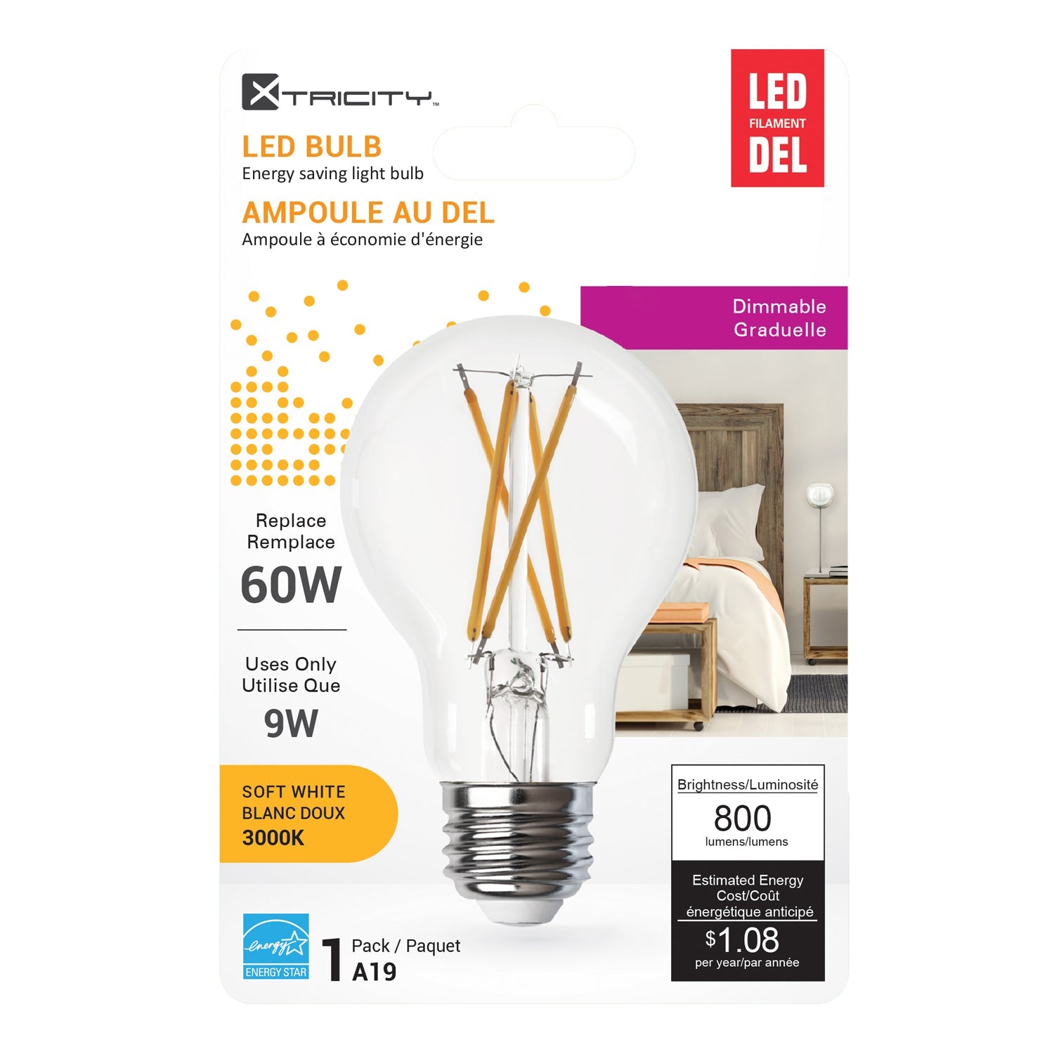 Xtricity A19 Led Soft White Dimmable Clear 9W Light Bulb E26 Base 
