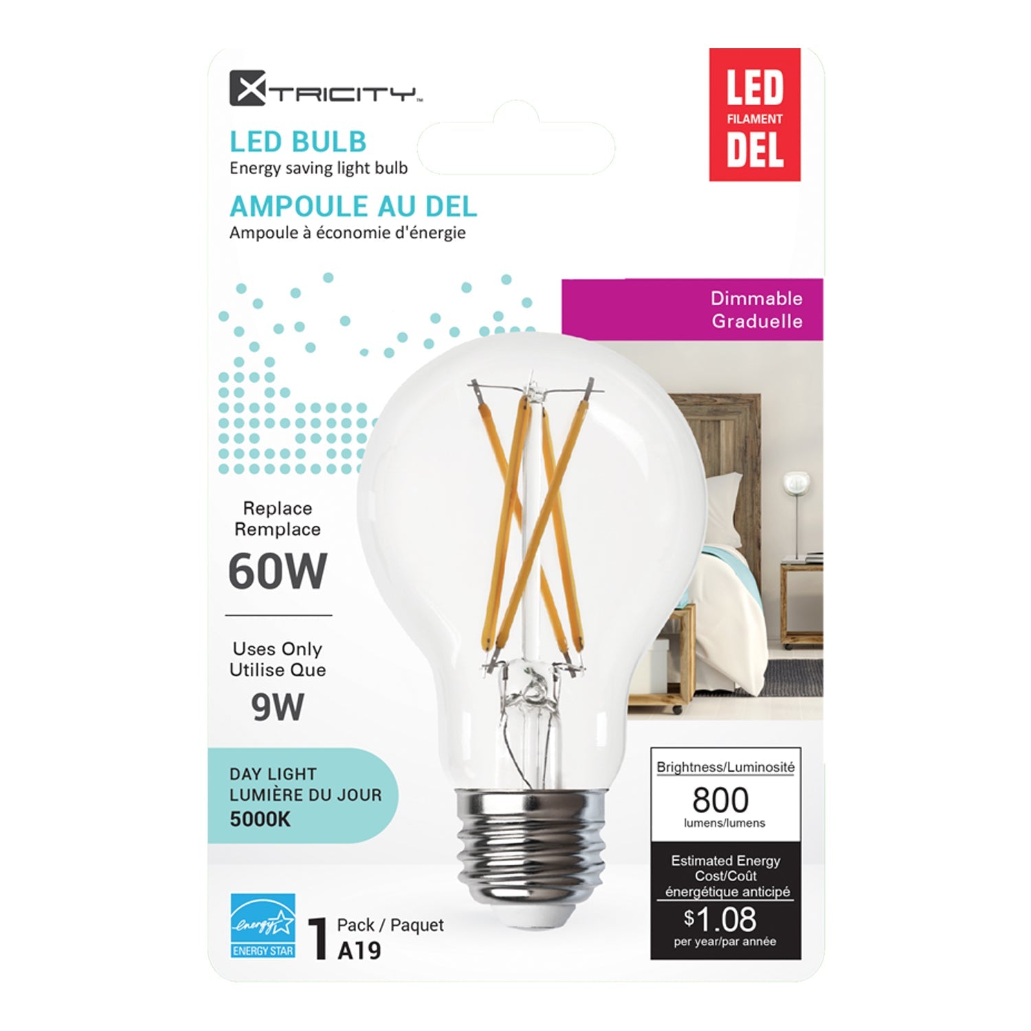 Xtricity A19 Led Day Light Dimmable Clear 9W Light Bulb E26 Base 