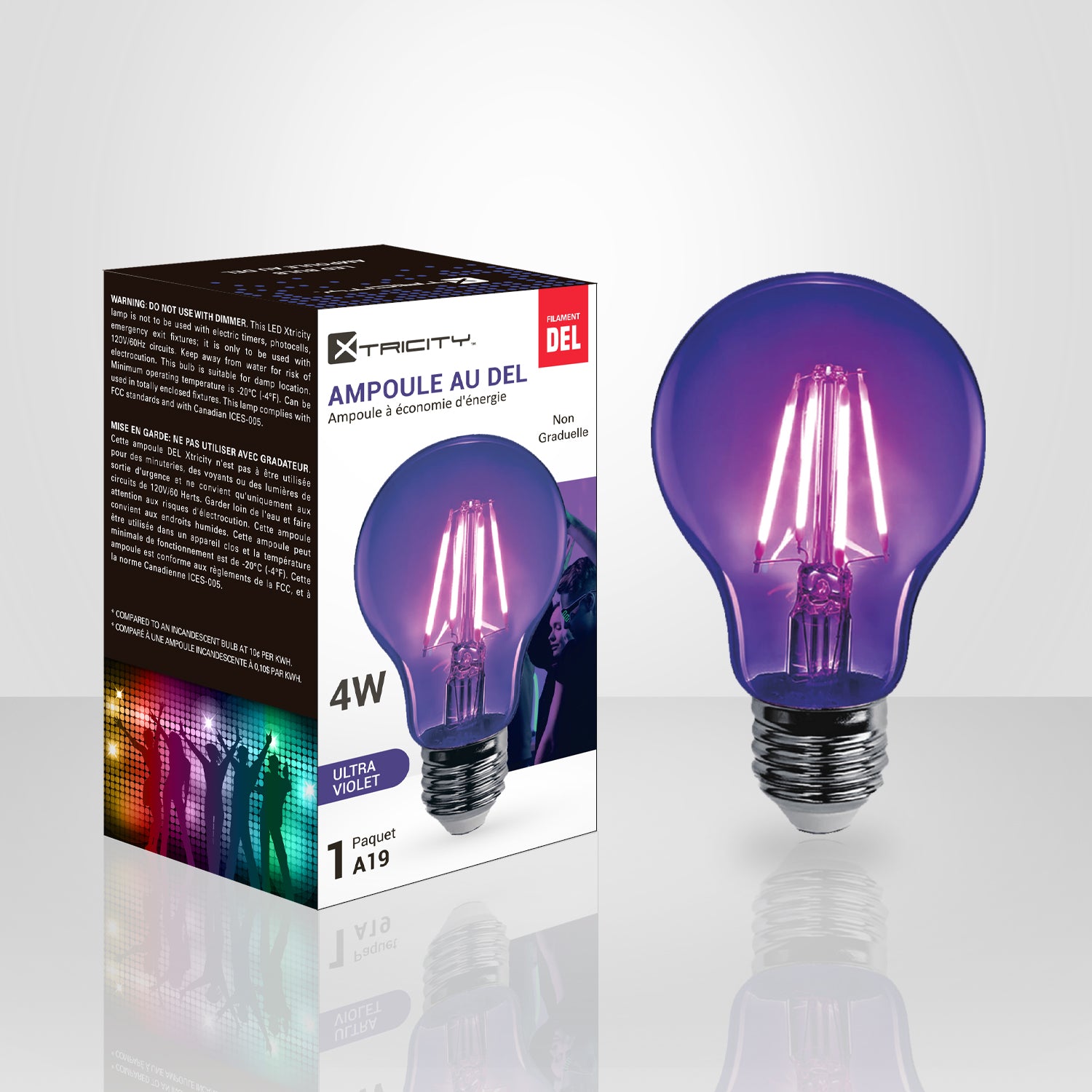 Xtricity - Non-Dimmable 4W A19 LED Bulb - Blaclight UV