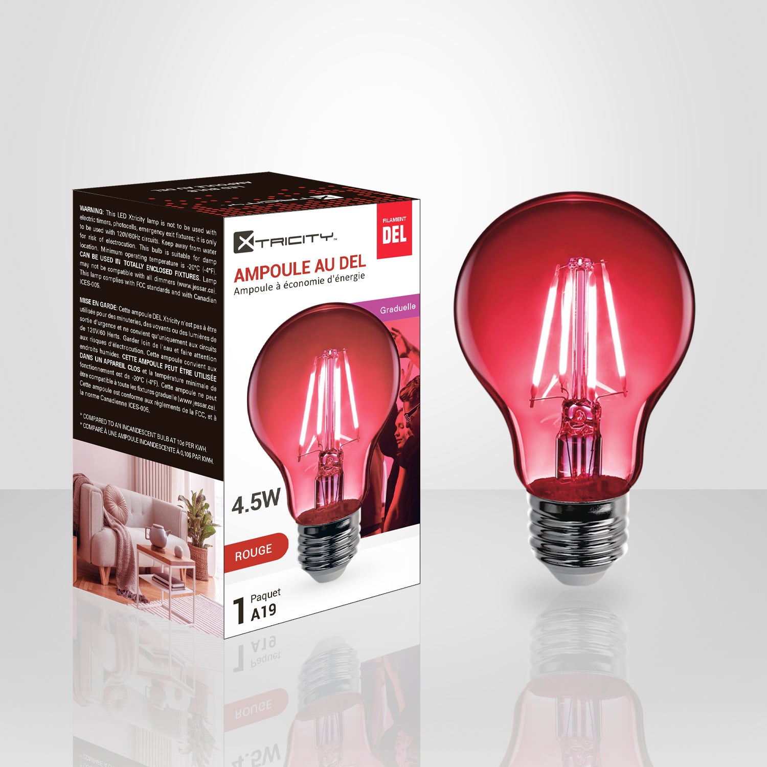 Xtricity - Non-Dimmable 4W A19 LED Bulb - Red