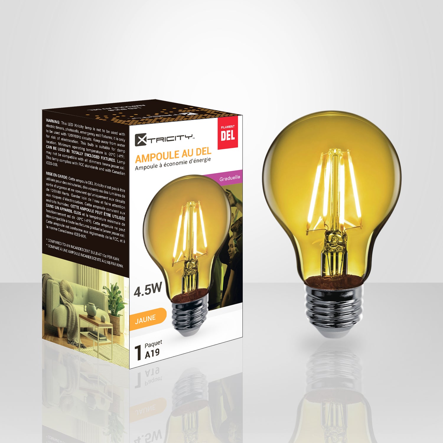 Xtricity - Non-Dimmable 4W A19 LED Bulb - Yellow