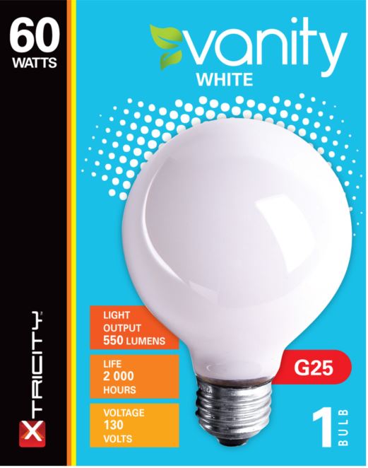 Xtricity G25 White Vanity 60W Light Bulb E26 Base 