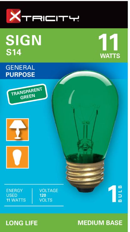 Xtricity S14 Sign Transparent Green 11W Light Bulb E26 Base 