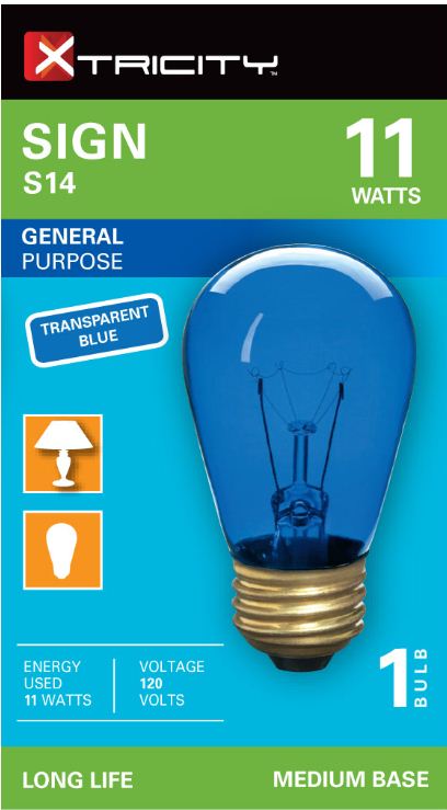 Xtricity S14 Sign Transparent Blue 11W Light Bulb E26 Base 