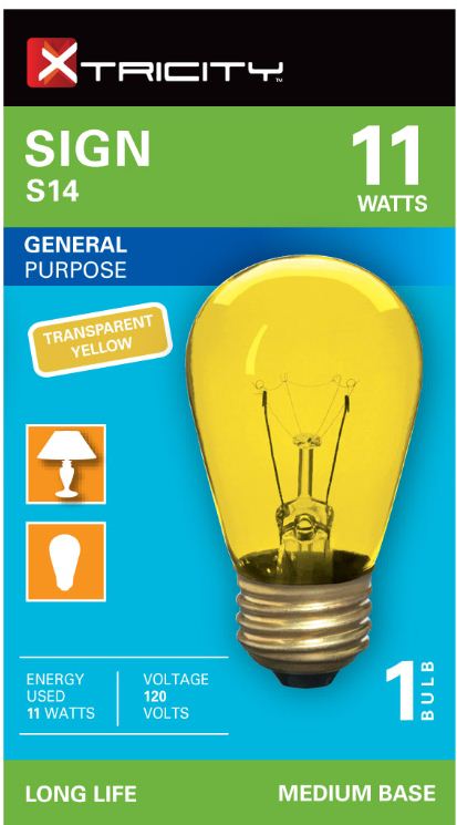 Xtricity S14 Sign Transparent Yellow 11W Light Bulb E26 Base 