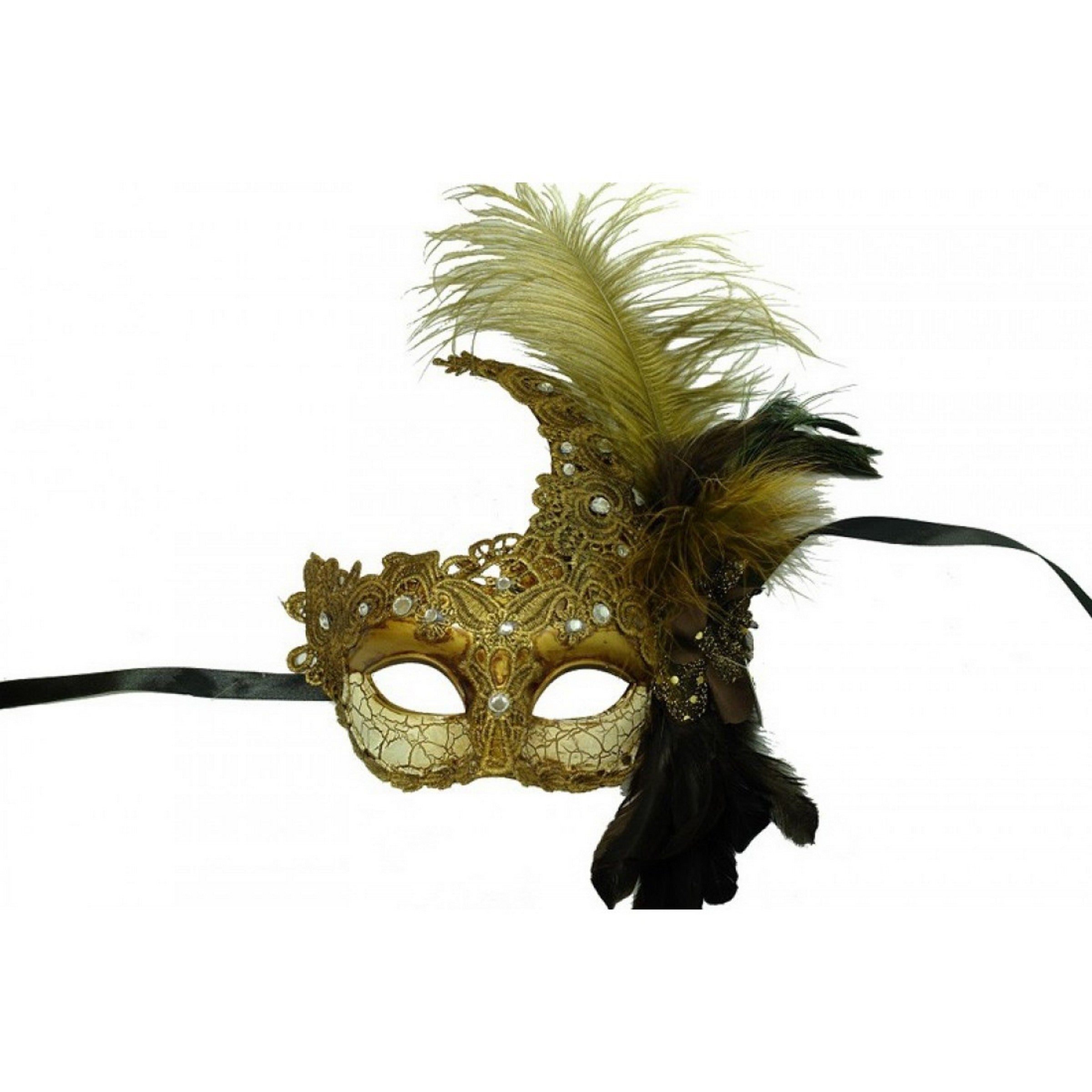 Halloween Gold Lace Venetian Mask with Feathers 