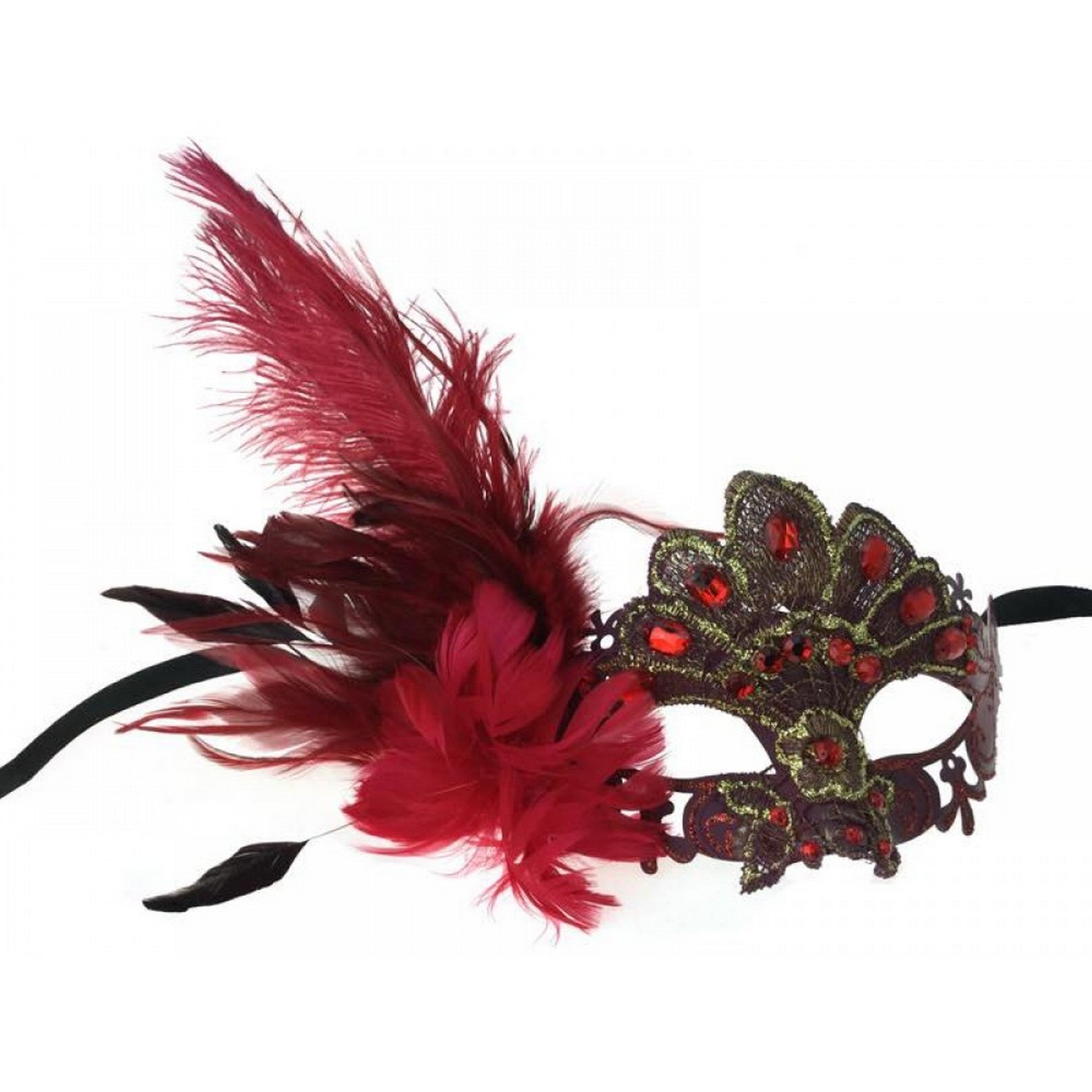 Halloween Lace Venetian Mask with Red Feathers 