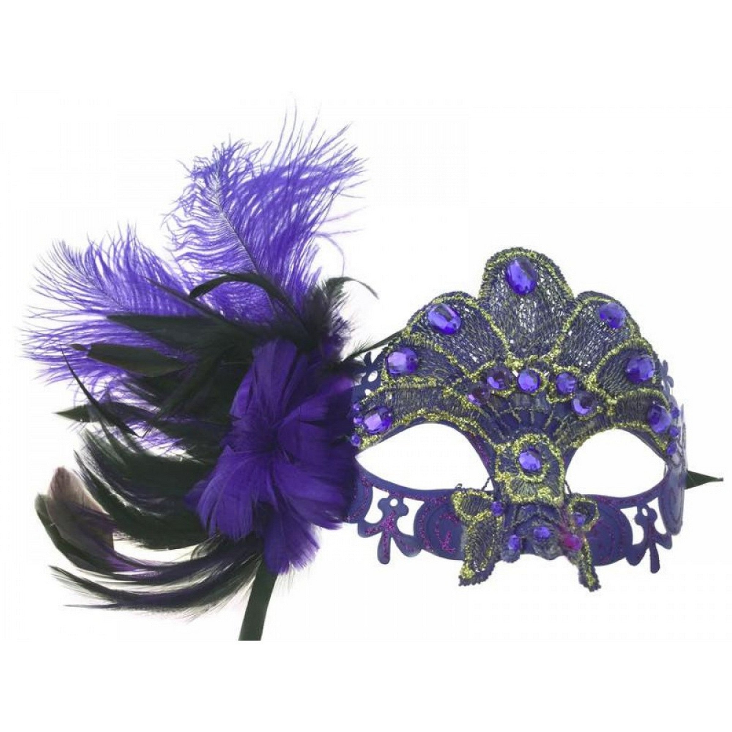 Halloween Lace Venetian Mask with Purple Feathers 