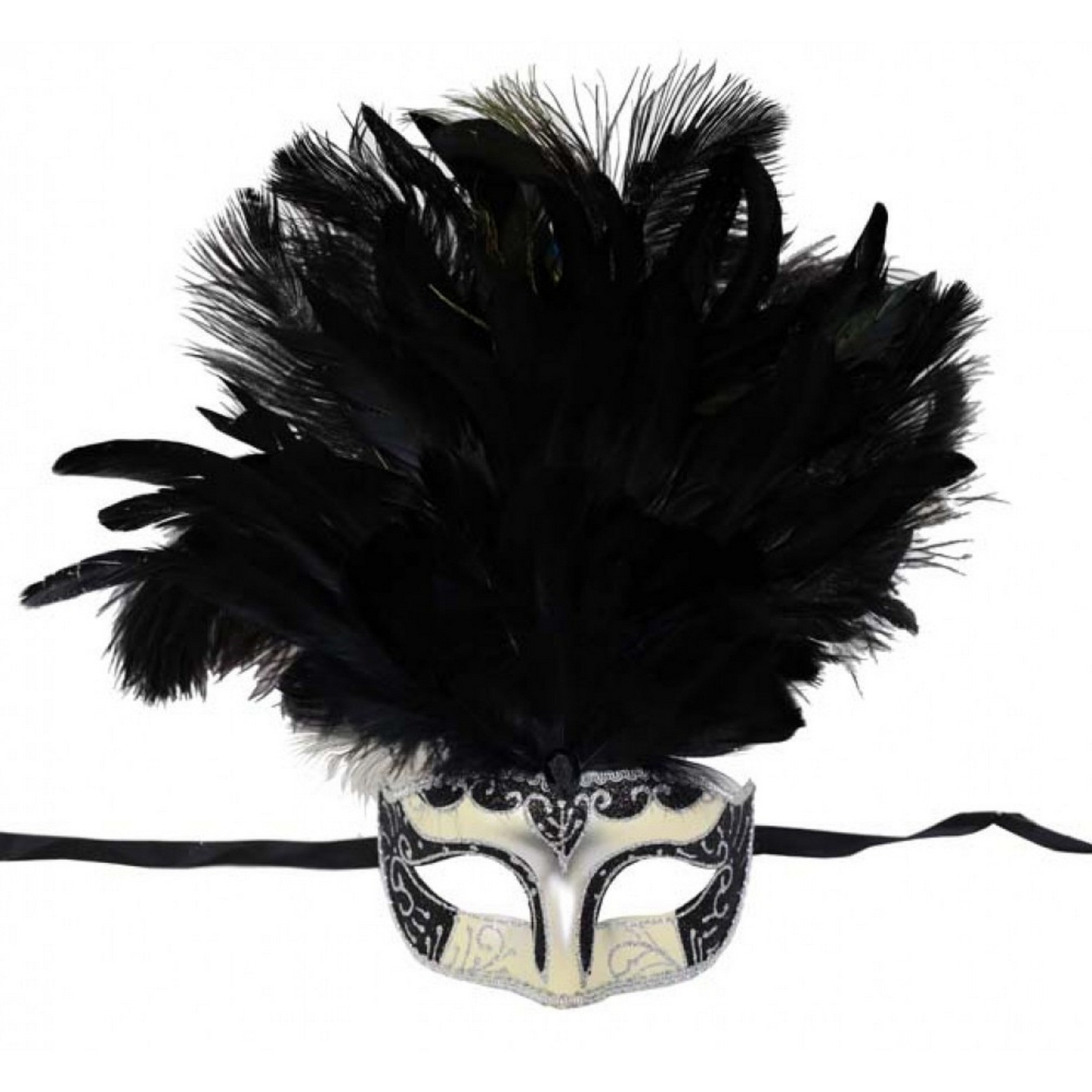 Halloween Masquerade Mask with Black Feathers 
