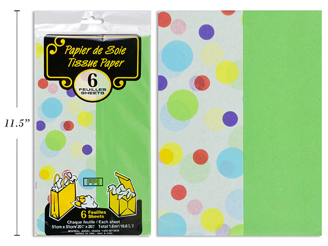 6 Sheets of Tissue Paper - Poker Dots and Plain Green 20x20in 