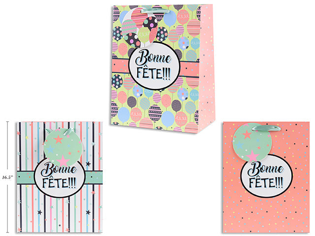 Paper Gift Bag - Bonne Fête with Silver Accent 12.2x16.5x4.7in VRT 