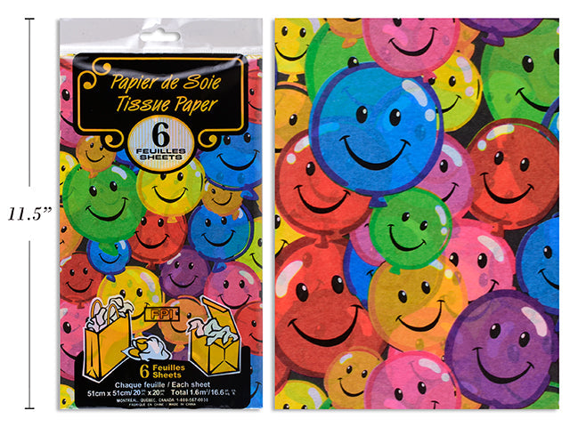 6 Sheets of Tissue Paper - Smiley Balloons 20x20in