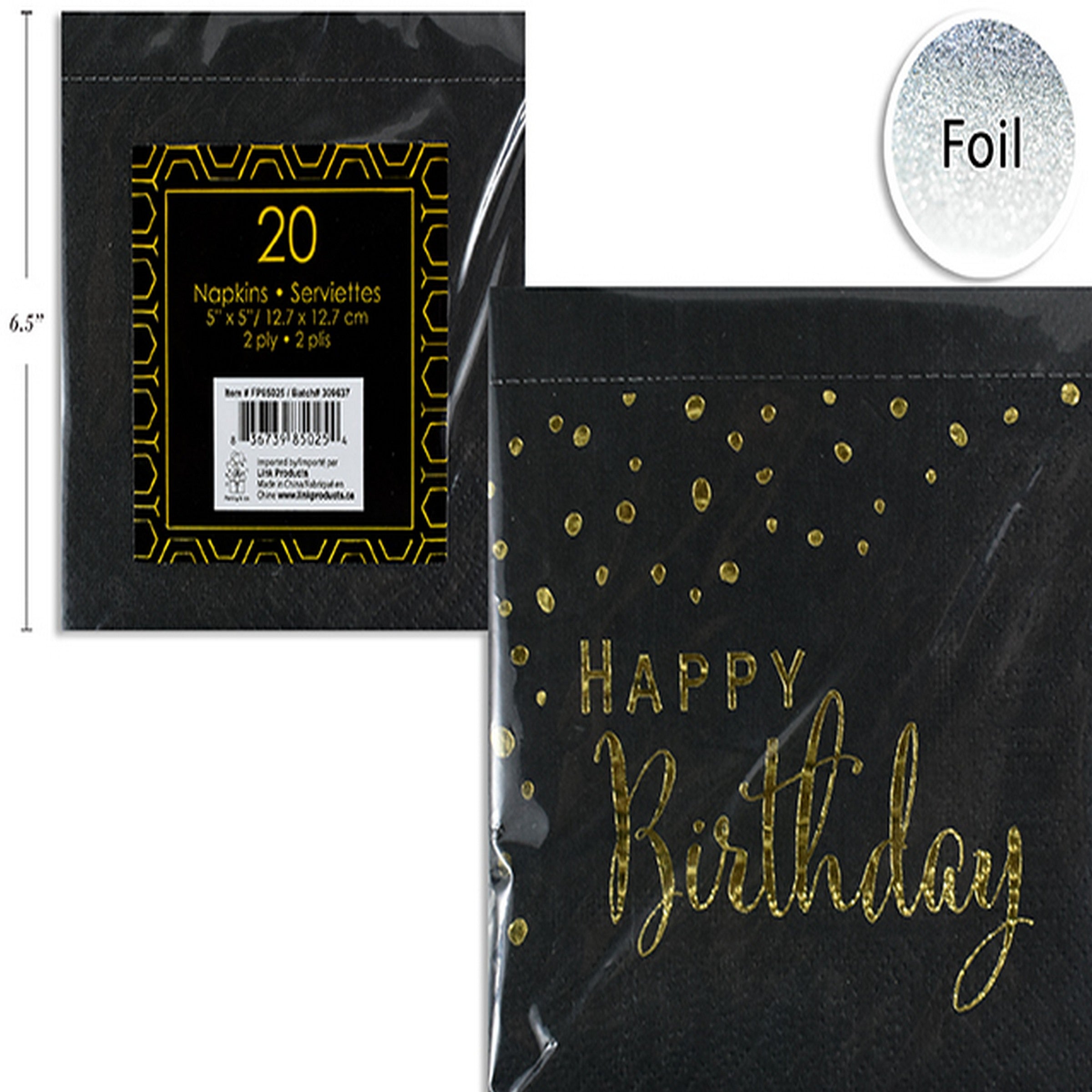 20 Black Happy Birthday Cocktail Napkins with Gold Foil 2 Ply 10x10in