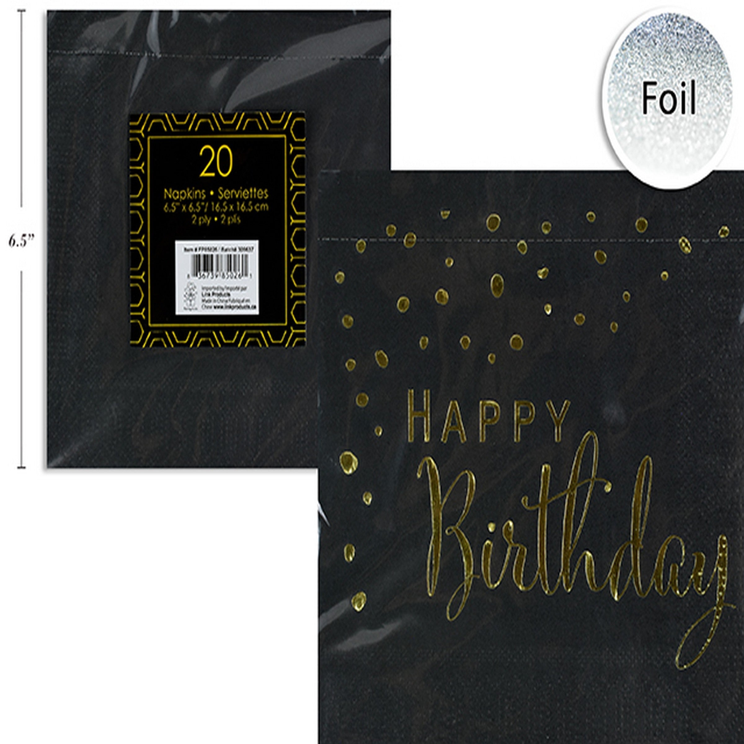20 Black Happy Birthday Luncheon Napkins with Gold Foil 2 Ply 13x13in