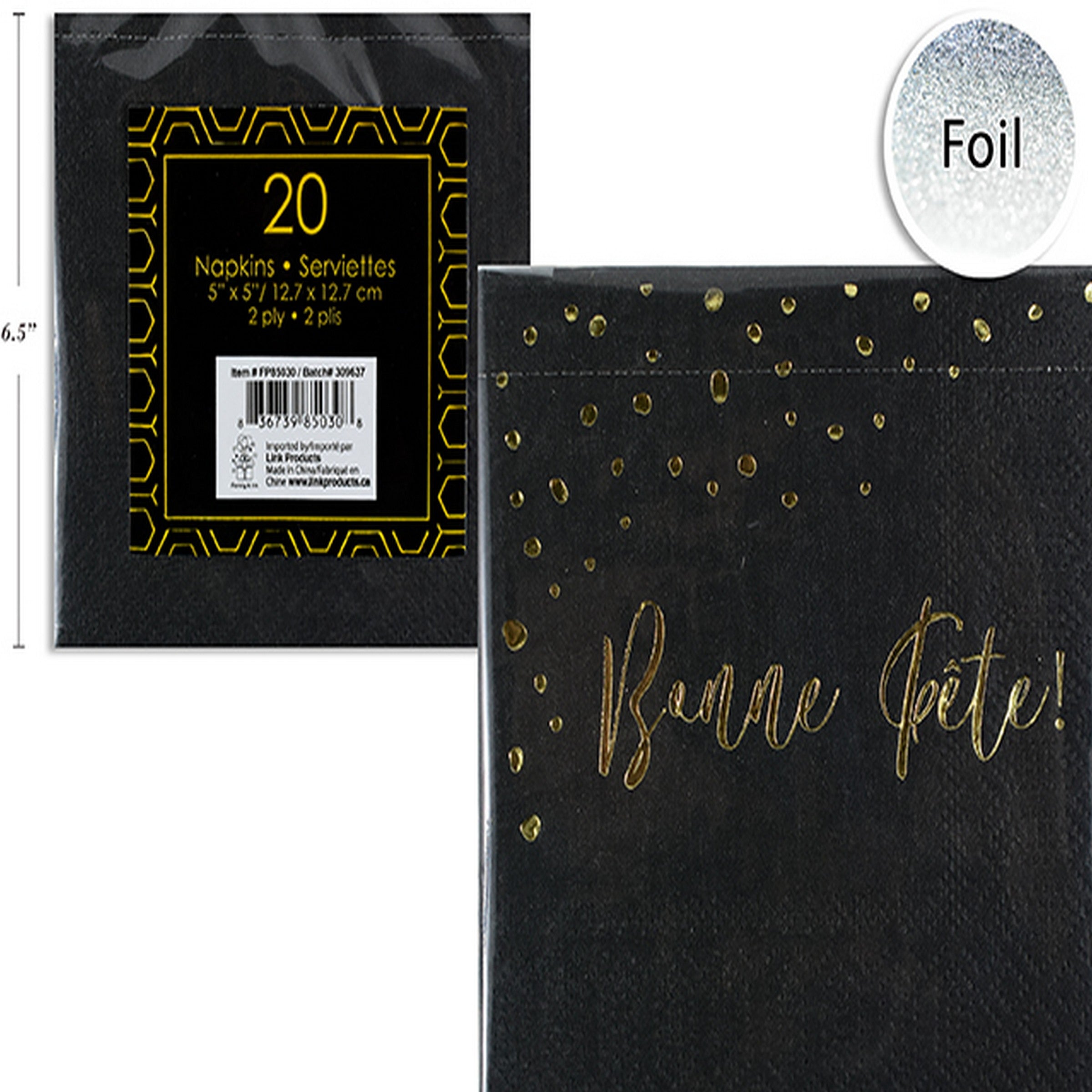 20 Black Bonne Fête Cocktail Napkins with Gold Foil 2 Ply 10x10in