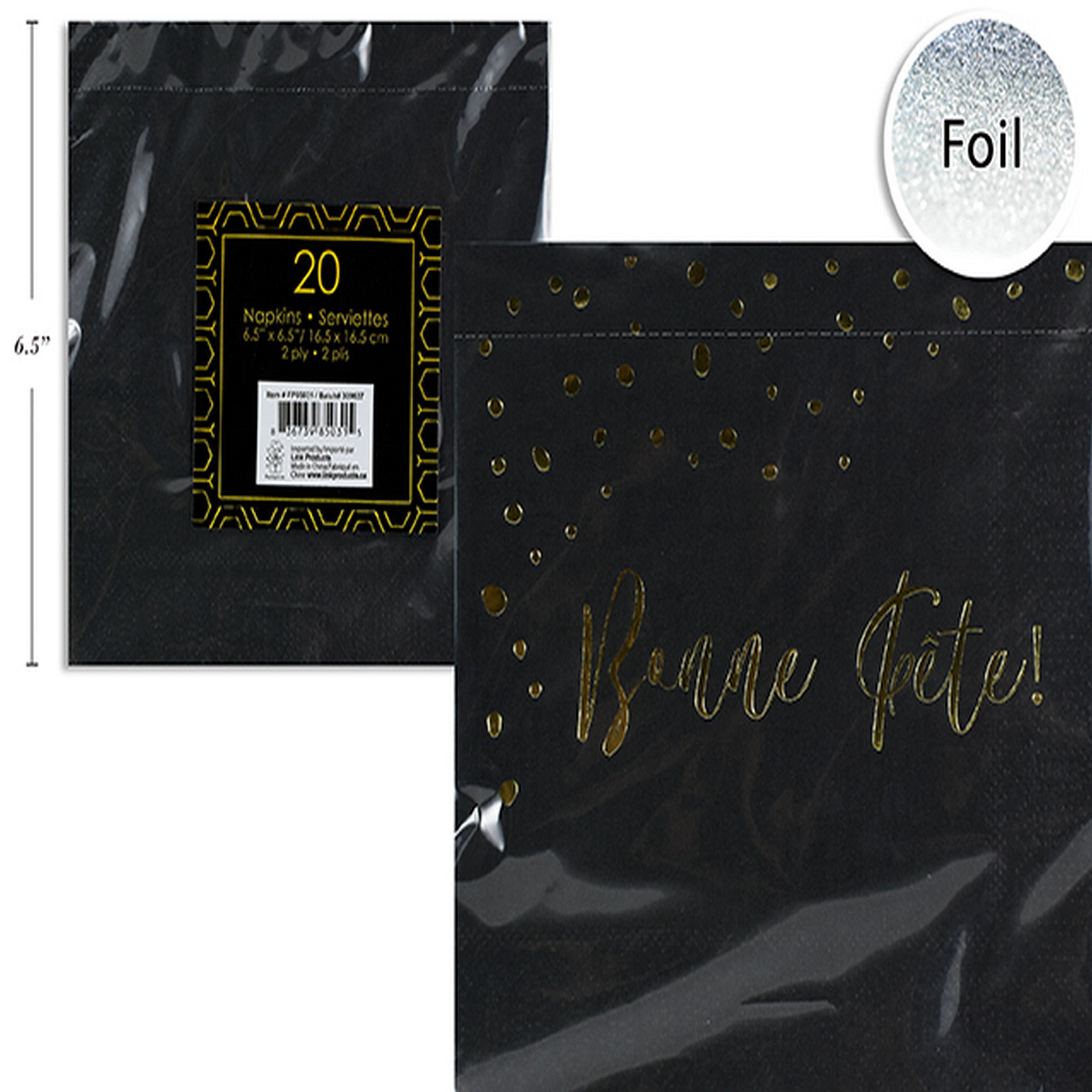 20 Black Bonne Fête Luncheon Napkins with Gold Foil 2 Ply 13x13in 