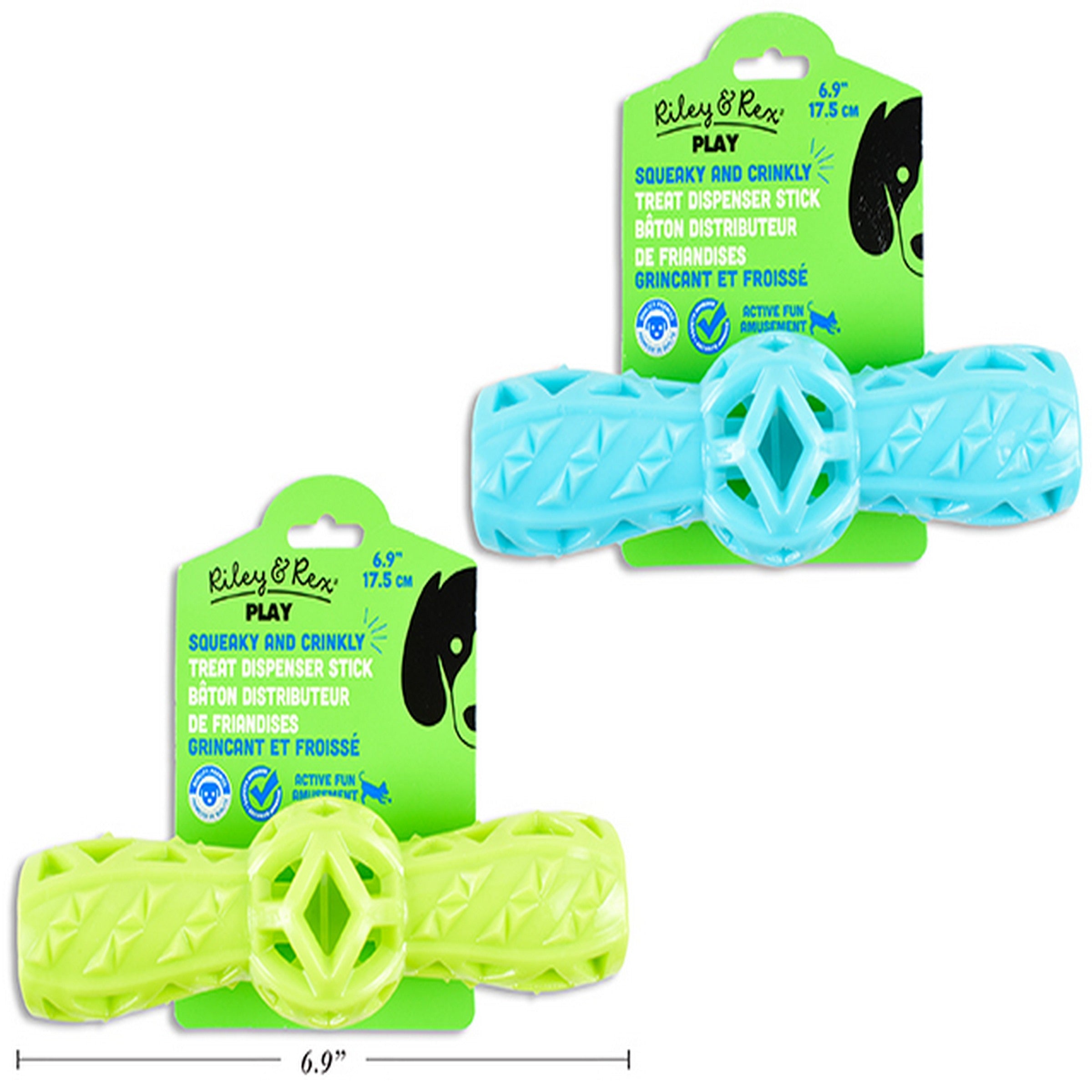 Riley & Rex Play TPR Squeaky & Crinkle Treat Dispenser Stick Dog Toy 6.9x1.8in VRT 